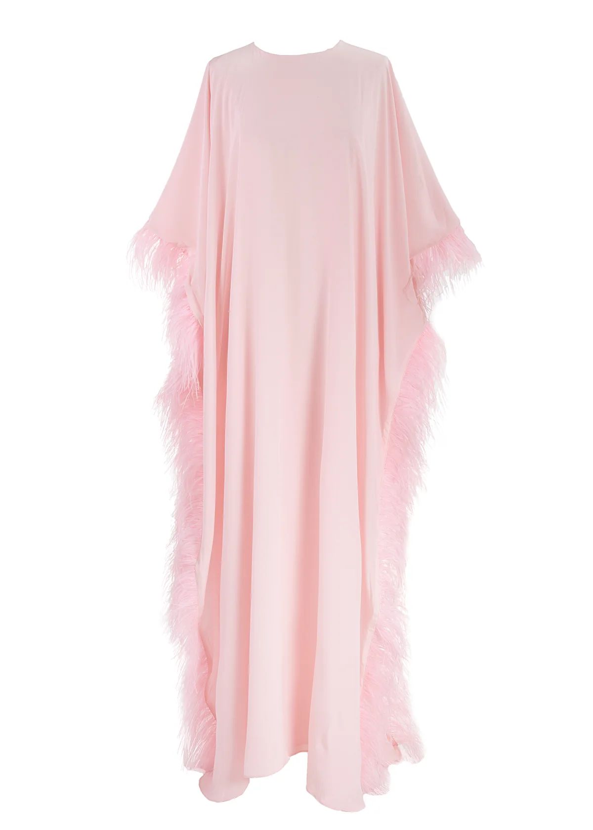 2 Layer Luxe Silk Maxi Caftan in Pink with Feathers | Over The Moon