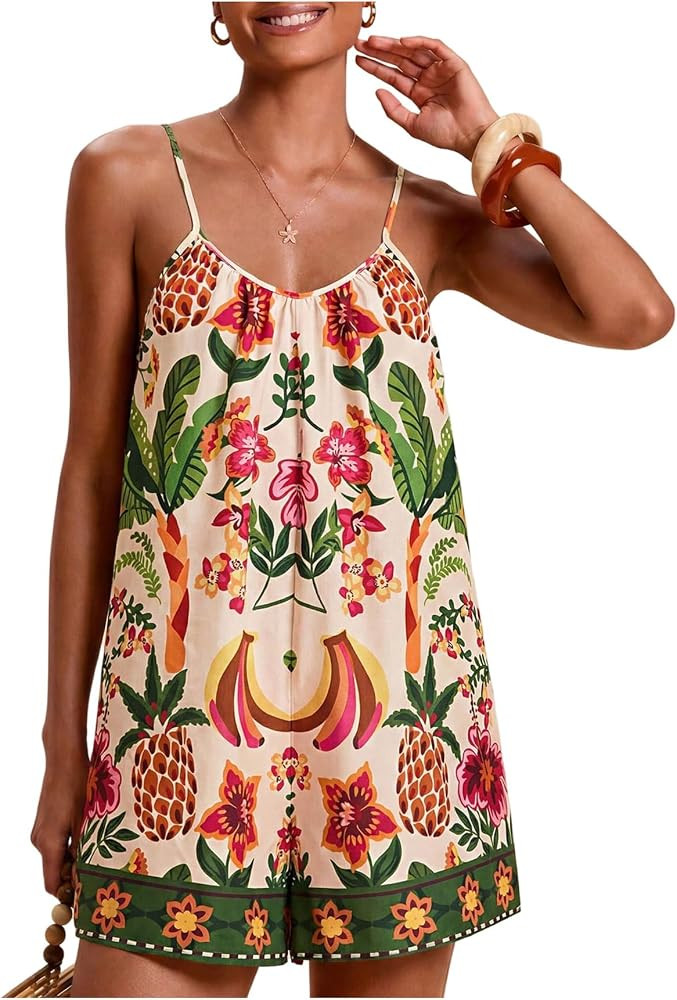 Milumia Women's Tropical V Neck Spaghetti Strap Romper Summer Vacation Loose Shorts Jumpsuits | Amazon (US)