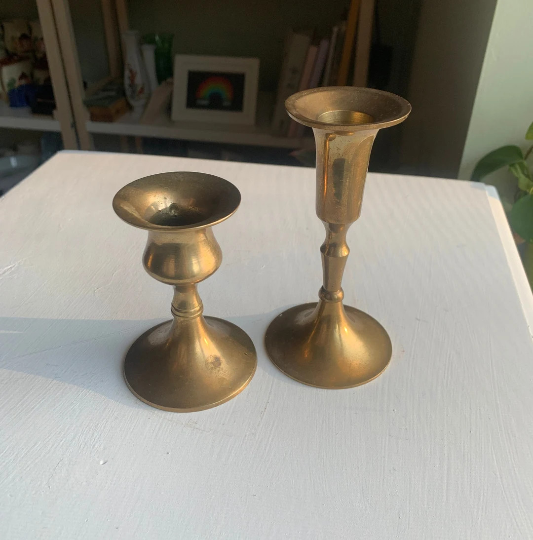 Pair of Vintage Brass Candle Stick Holders Two Different - Etsy | Etsy (US)