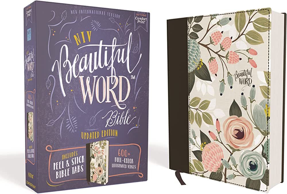 NIV, Beautiful Word Bible, Updated Edition, Peel/Stick Bible Tabs, Cloth over Board, Floral, Red ... | Amazon (US)