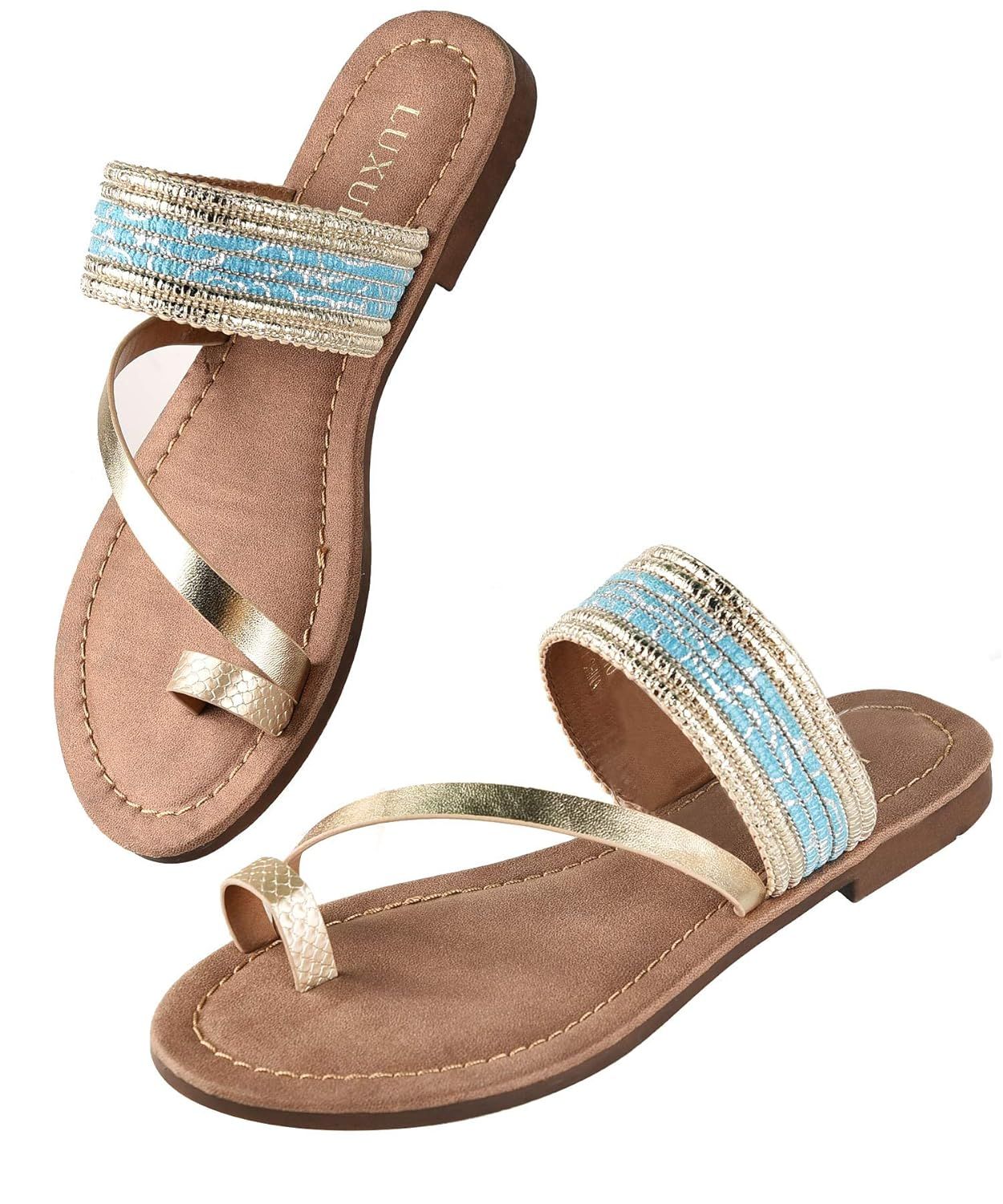 LUXUR Women’s Strap Slip-on Flat Sandals Toe Ring | Amazon (US)