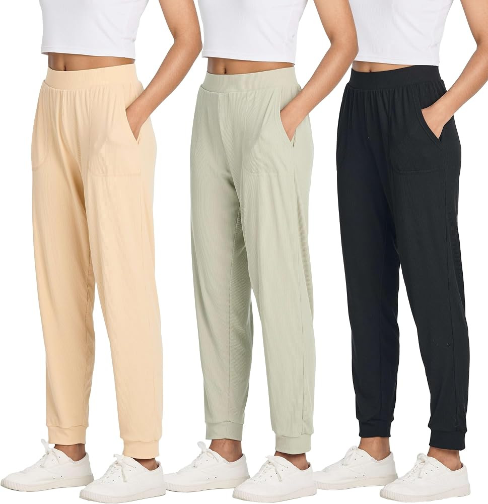 Real Essentials 3 Pack: Women's Ribbed Lounge Jogger Cuffed Yoga SweatpantsPockets (Available in ... | Amazon (US)