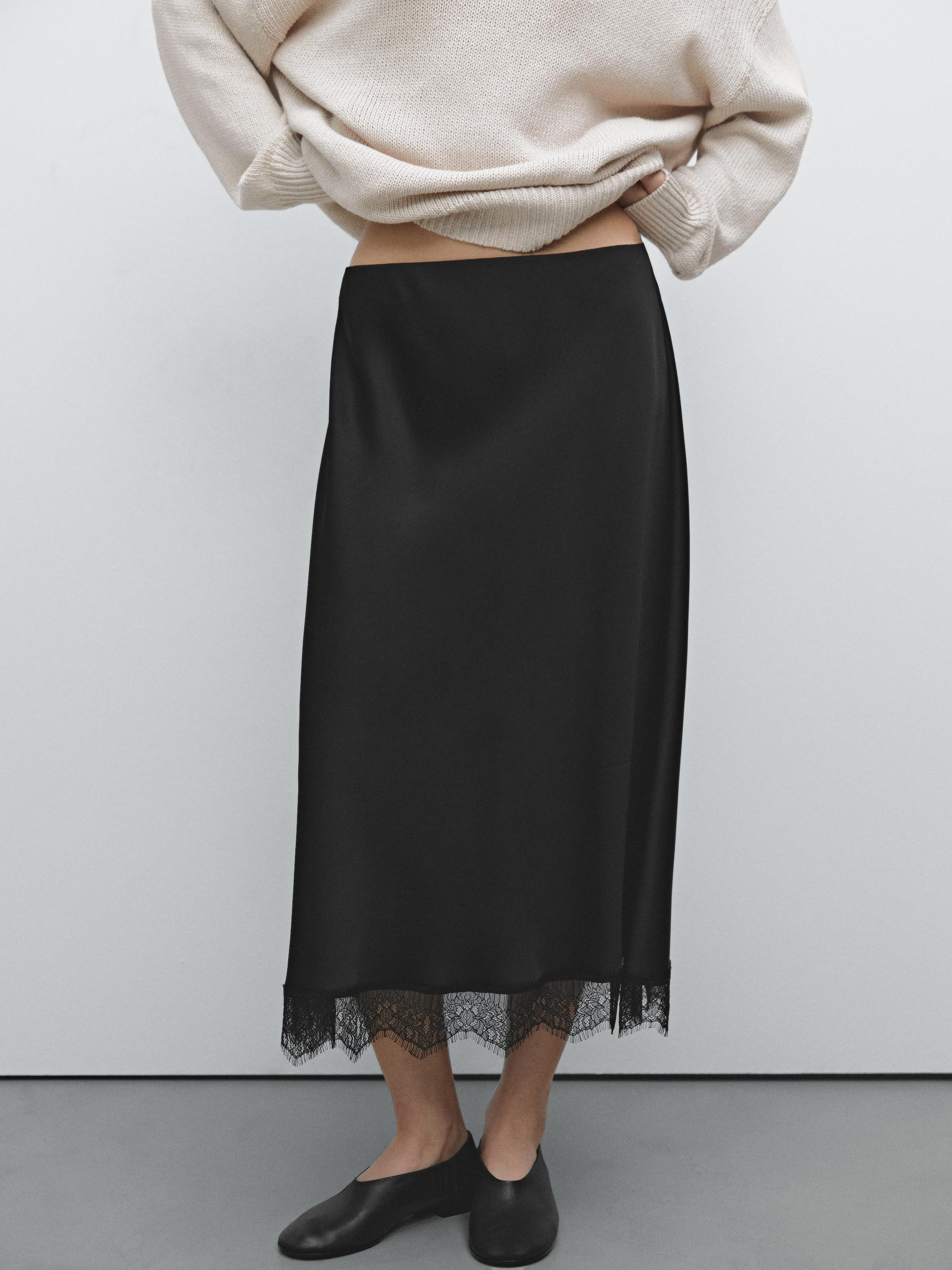 Satin midi skirt with lace detail | Massimo Dutti UK