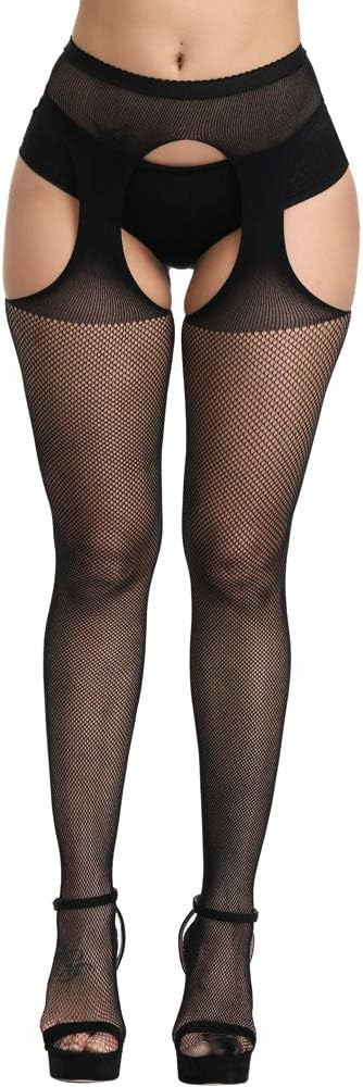 Confonze Women's High Waist Fishnet Tights Suspenders Pantyhose Thigh High Stockings Black | Amazon (US)