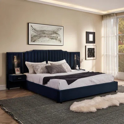 King Size Upholstered Platform Bed Frame with Velvet Fabric, Vertical Stripe Headboard, Bedside Table and Adjustable Lamp, No Box Spring Required | Wayfair North America