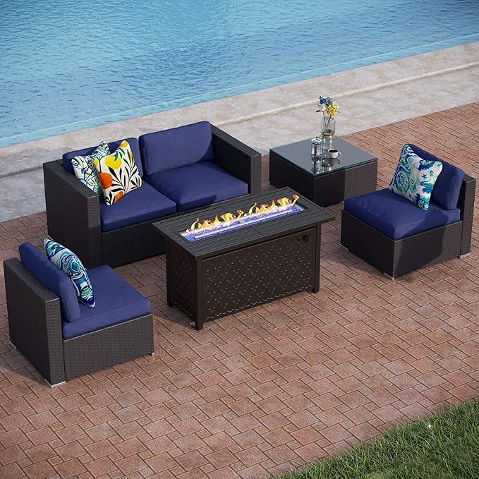 PHI VILLA Patio Furniture Set 6 Pieces Outdoor Sectional Rattan Sofa Set with Gas Fire Pit Table,... | Amazon (US)