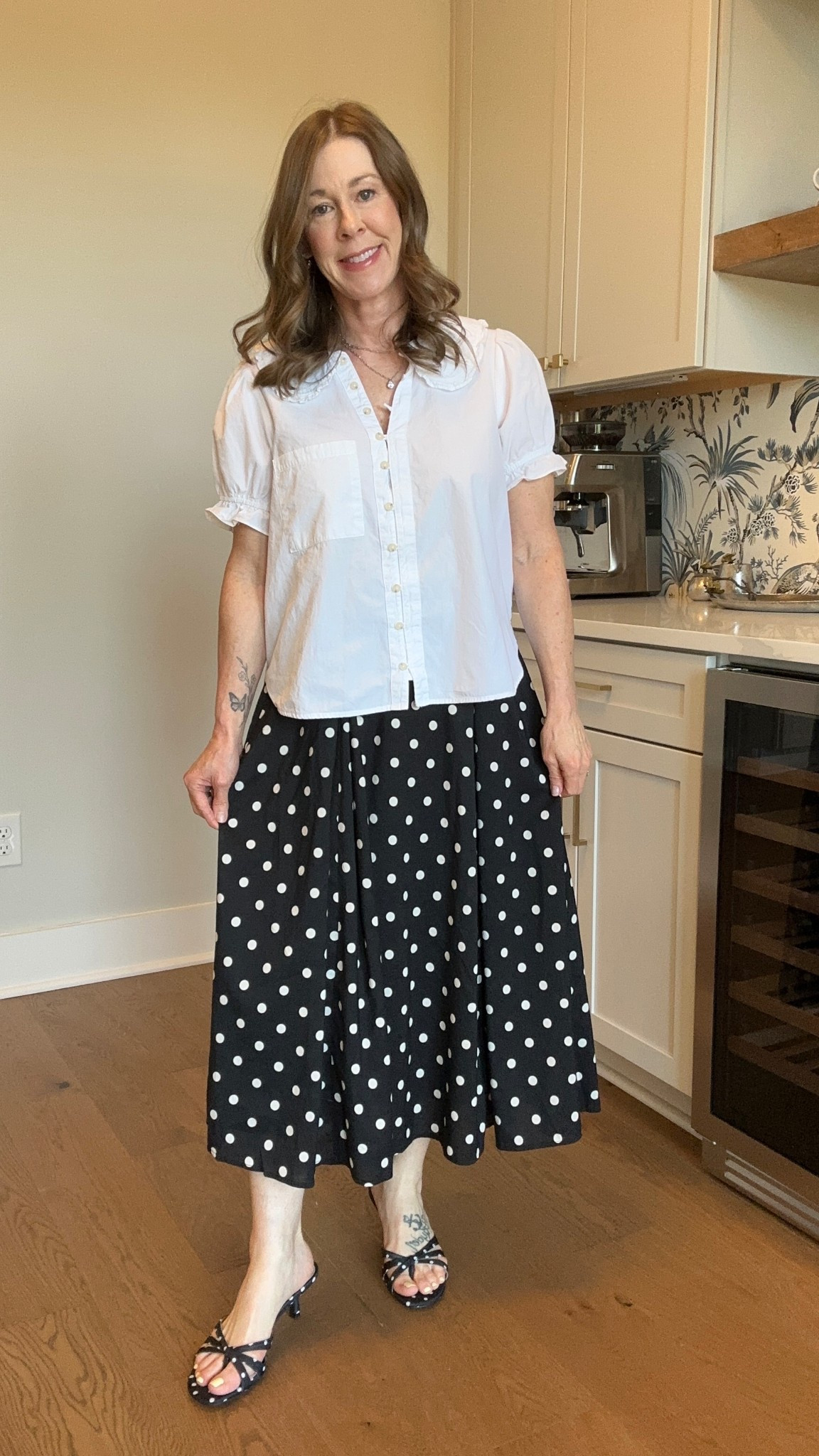 Cute polka dot outfit! 
Top size small
Skirt size small
Polka dot heels
#anthropologie #target #walmart

#LTKgrwm #LTKPetite