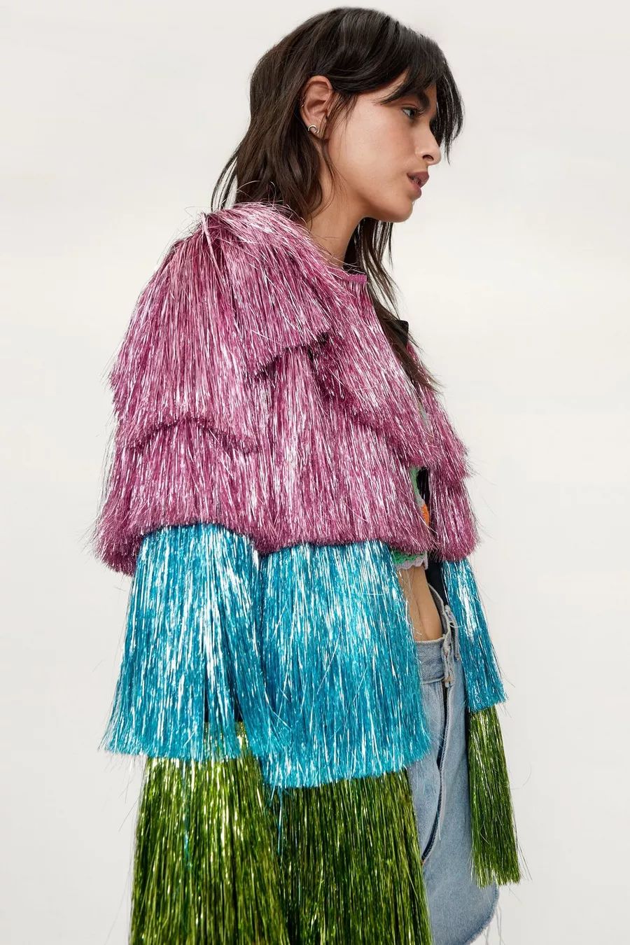 Metallic Open Front Tiered Tinsel Fringe Jacket | Nasty Gal (US)