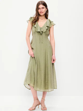 Ruffle-Sleeve Fit & Flare Midi Dress | Old Navy (CA)