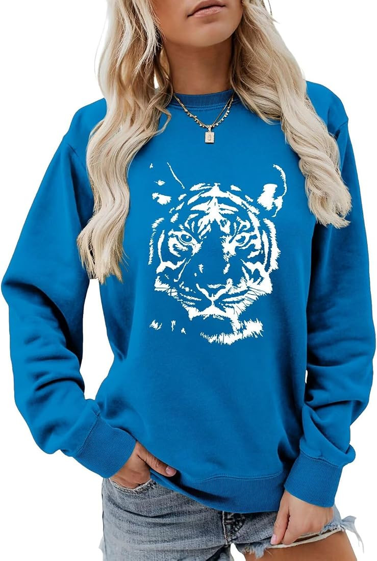 Tiger Face Sweatshirt Women Funny Tiger Wildlife Lover Big Cat Graphic Long Sleeve Pullover Tops | Amazon (US)
