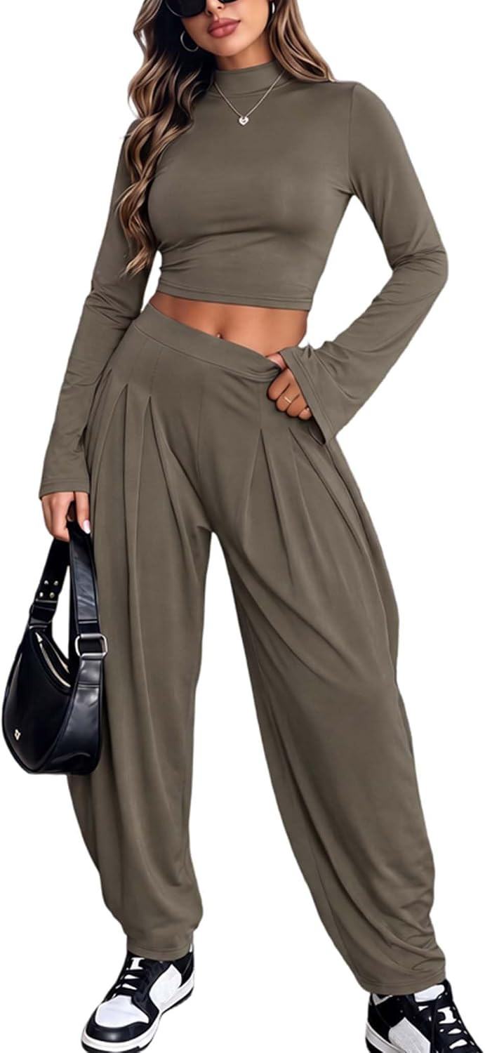 2 Piece Sets for Women Crop Tops Baggy Barrel Pants Winter Outfits | Amazon (US)