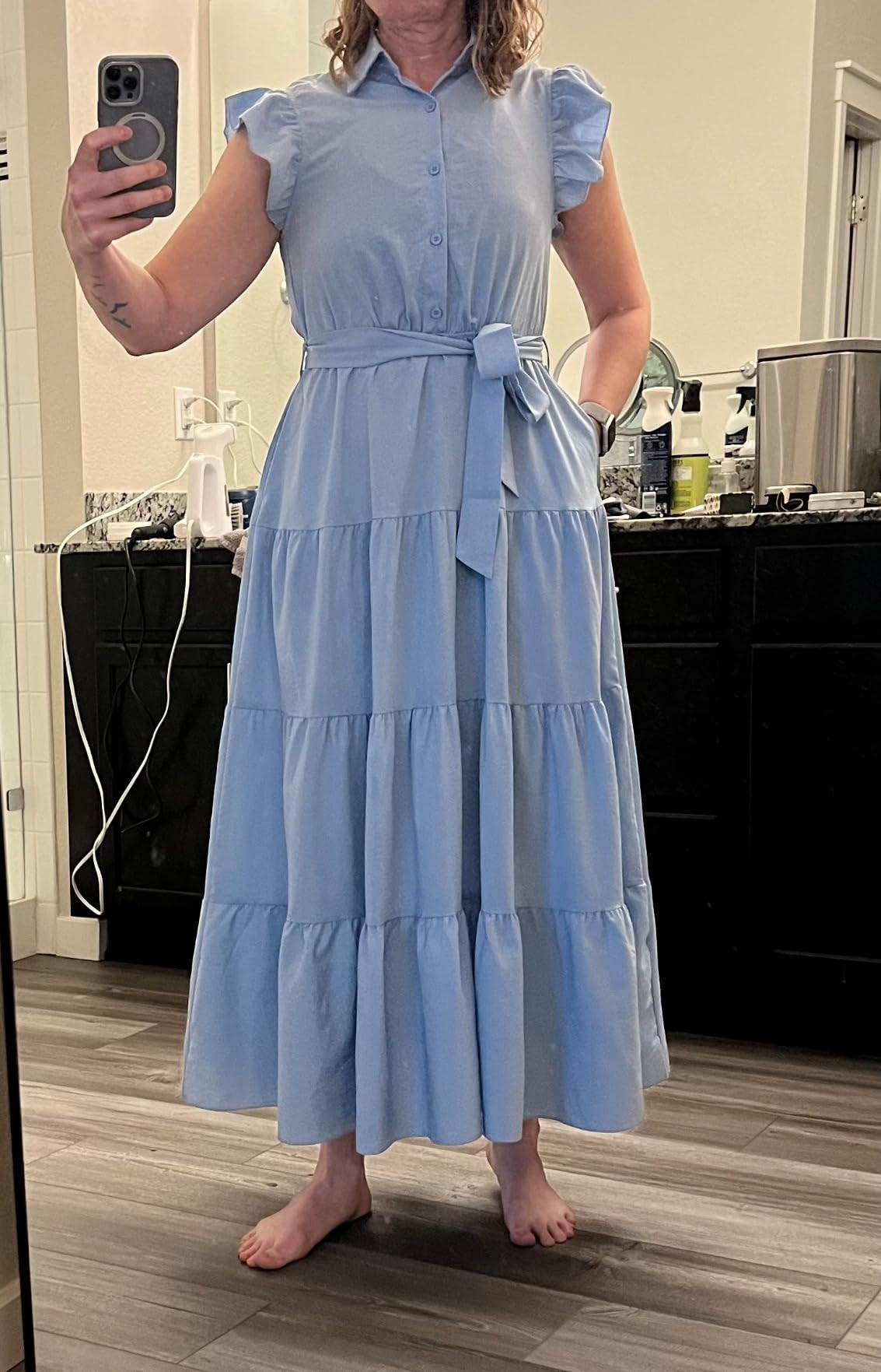 dowerme Women's Summer Casual Dresses 2025 Cap Ruffle Sleeve V Neck Button Belted Tiered Boho Max... | Amazon (US)