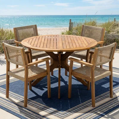 Renaud Modern Coastal Acacia Wood Outdoor Dining Set With Woven Wicker Chairs And Round Slat Table | Wayfair North America