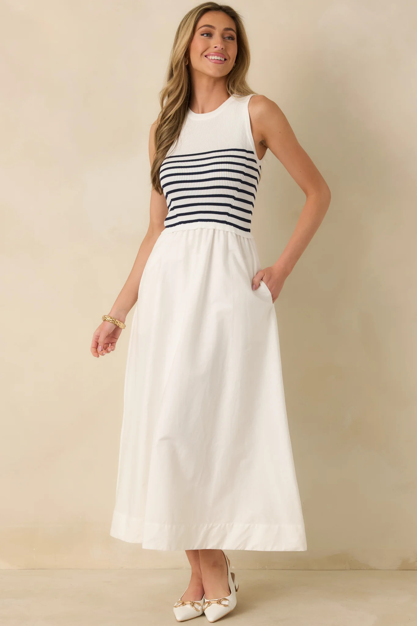 Picnic Weather White Stripe Sleeveless Maxi Dress | Red Dress