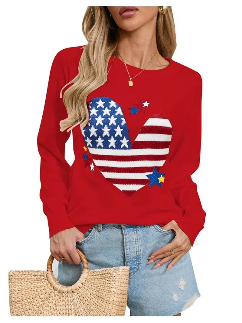 American Flag Graphic Sweaters for Women 4th of July Crew Neck Heart Sweater Long Sleeve Casual K... | Walmart (US)