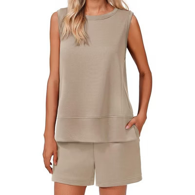 Pinspark Women's 2 Piece Summer Lounge Set Sleeveless Crewneck Tops Drawstring Shorts with Side Slits-Khaki-XXL | Target