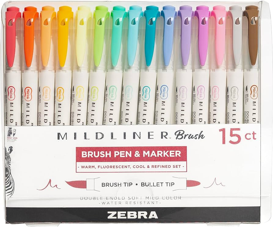 Zebra Pen Mildliner Brush Marker, Double Ended Brush and Fine Tip Pen, Assorted Soft Colors, 15 C... | Amazon (US)