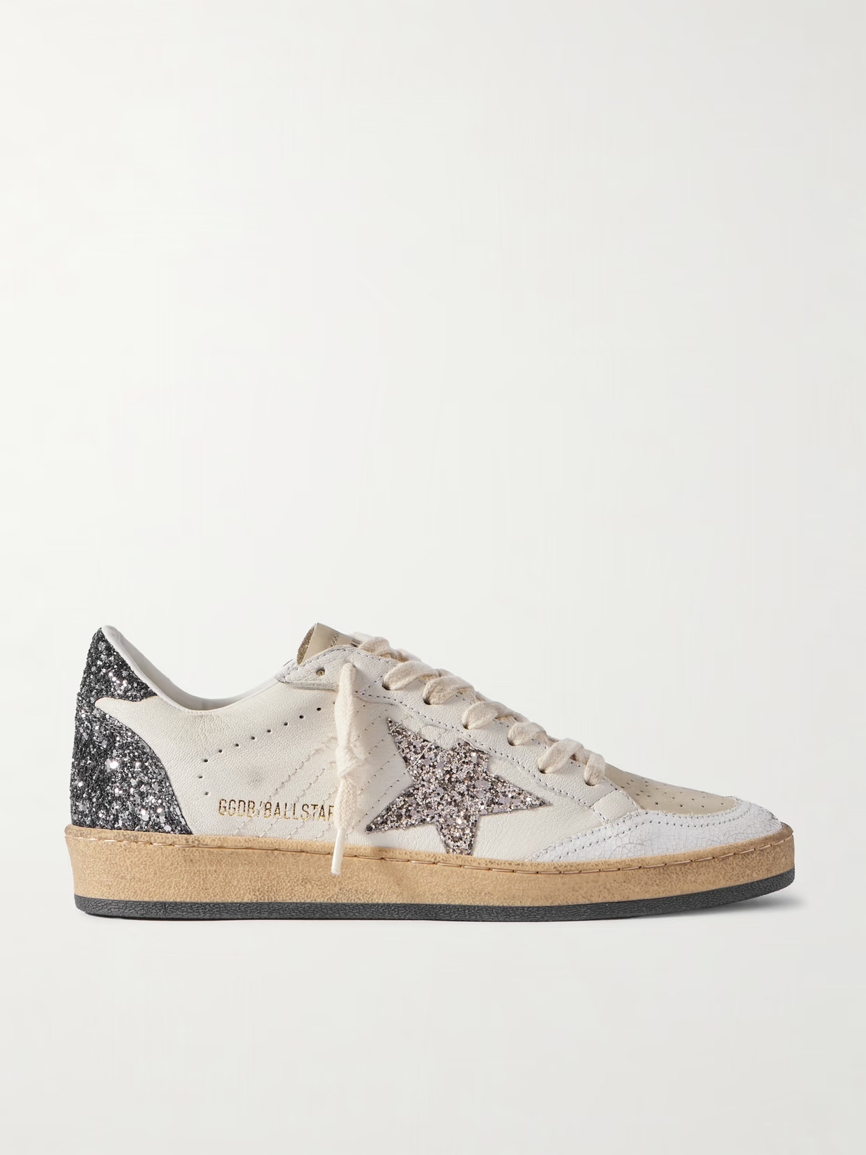 Golden Goose - Ballstar Glittered Distressed Leather Sneakers - White | NET-A-PORTER (US)