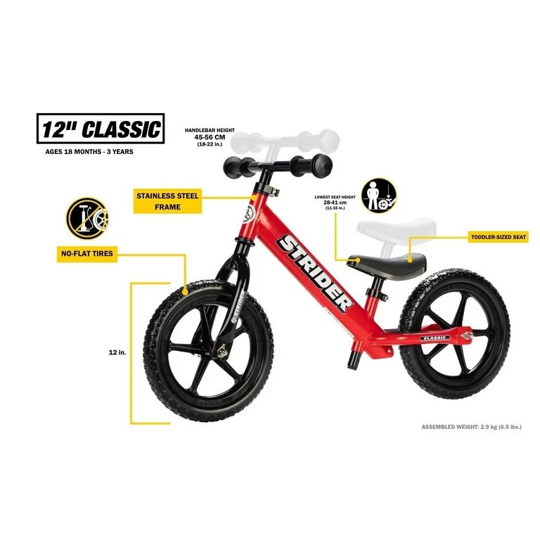 Strider 12 Classic Entry Balance Bike for Toddler Kids 18 - 36 Months Old, Red | Walmart (US)