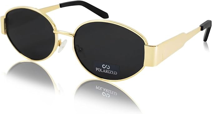 JiSoo Gold Polarised Sunglasses Womens - Retro Oval Sunglasses Vintage 90s Sun Glass Women | Amazon (UK)