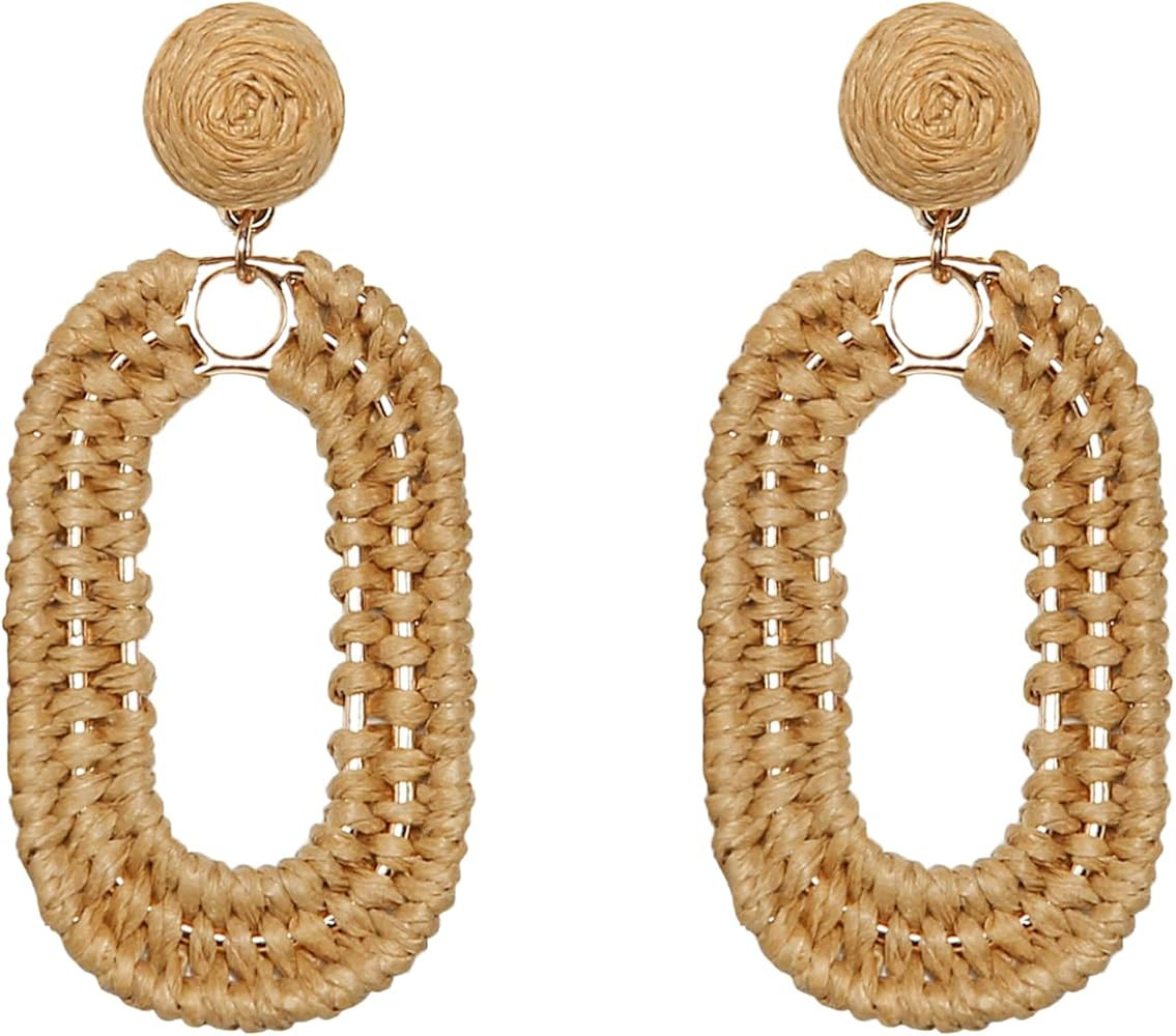 Raffia Oval Earrings for Women - Boho Woven Rattan Earrings for Summer Beach - Tropical Vacation ... | Amazon (US)