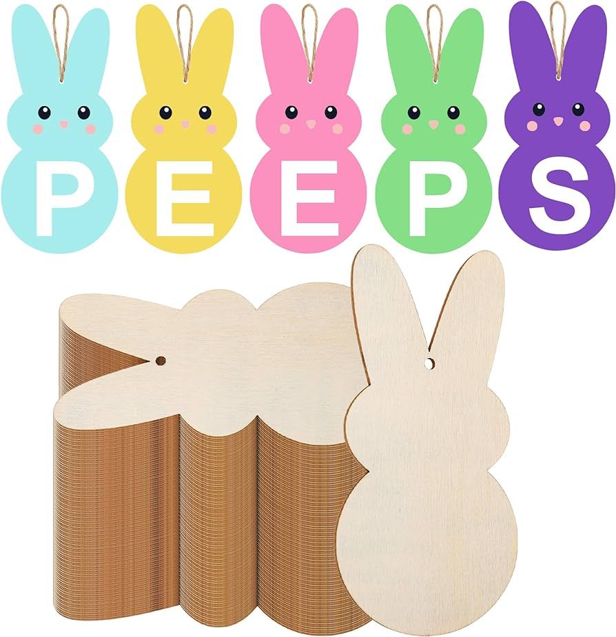 50 Pcs Easter Wooden Bunny Cutouts 4 Inch Unfinished Peep Bunny Wood Slices Rabbit Blank Hanging ... | Amazon (US)