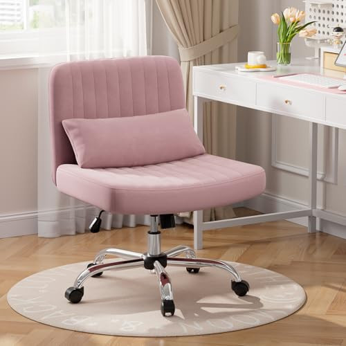 Warmiehomy Criss Cross Desk Chair with Wheels, Velvet Cross Legged Office Chair for Home Office, Adjustable Swivel Wide Seat Computer Chair, Morden Vanity Chair, Pink | Amazon (US)