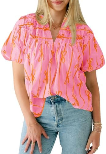 Cicy Bell Womens Summer Babydoll Tops Short Lantern Sleeve Bow Print Blouse V Neck Pleated Casual... | Amazon (US)