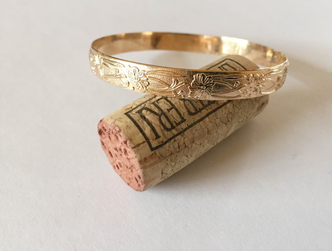 Gold Bangle, Floral Pattern - Etsy | Etsy (US)