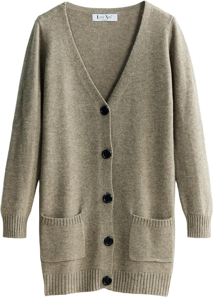 Women's 100% Merino Wool Fall Winter Warm Soft Lightweight Knitted V-Neck Long Cardigan Sweater w... | Amazon (US)