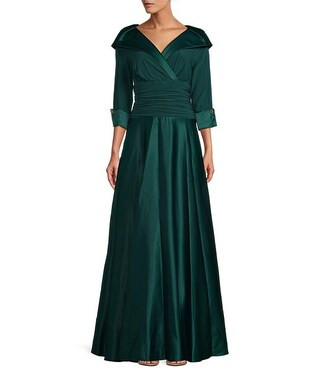 Jessica Howard Portrait Collar V-Neck 3/4 Sleeve Rhinestone Cuff Ruched Waist Satin Gown | Dillar... | Dillard's