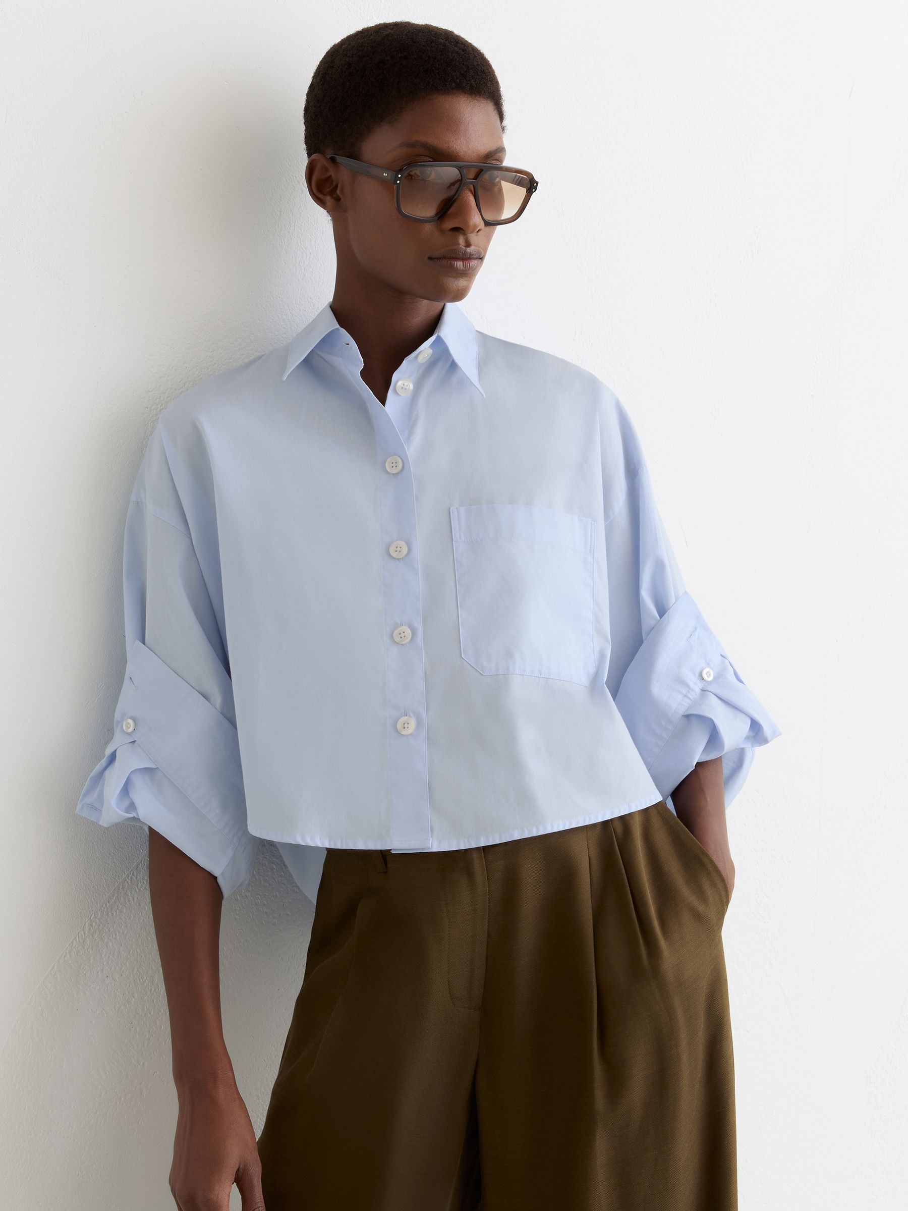 Reiss Cotton Cropped Long-Sleeve Shirt in Blue | REISS | Reiss US