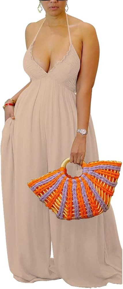 Aro Lora Womens Sexy V Neck Halter Tie Knot Ruched One Piece Wide Leg Pant Jumpsuit Romper | Amazon (US)