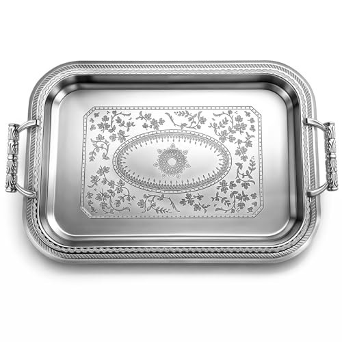 Rtteri Silver Serving Trays with Handles Rectangle Stainless Steel Metal Plate 16.1 x 11.4 Mirror Tray for Cake Cookies Snacks Desserts Fruit Ottoman Coffee Table Living Room Whiskey Table Decor | Amazon (US)
