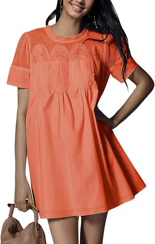 Womens Summer Lace Mini Babydoll Dress Ruffled Collar Short Sleeve Loose Mesh Swing Elegant Flare... | Amazon (US)