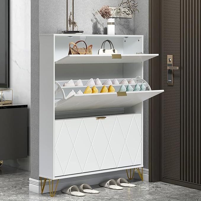 Anbuy Shoe Cabinet, Free Standing Tipping Bucket Shoes Cabinets, Shoes Storage Cabinet with 3 Fli... | Amazon (US)
