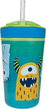 Nuby All in One Snack Bowl and No Spill Soft Straw Cup - 2 Pack Aqua Monsters & Grey Cars - Snack... | Amazon (US)