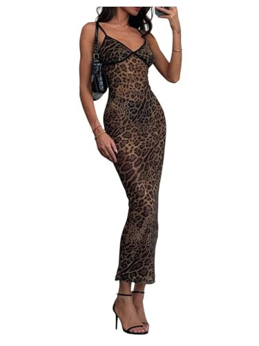 BEAUDRM Women's Sexy Cheetah Sheer Dress Y2K Mesh Leopard See Through Bodycon Maxi Dress Going Out Date Party Rave Clubwear Dark Brown Medium | Amazon (US)