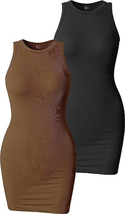 OQQ Women's 2 Piece Dress Sexy Ribbed Sleeveless Halter Neck Tank Tops Mini Dresses | Amazon (US)