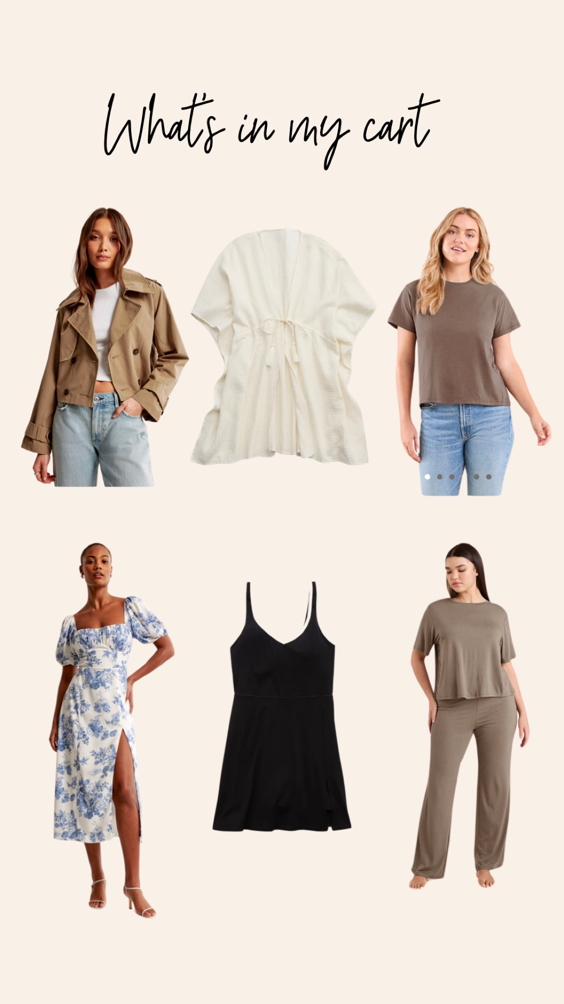 What’s in my shopping cart! Nuuds everyday tee- nuuds pjs- aerie dress- cropped trench coat- Abercrombie spring dress! Aerie cover up 

#LTKstyletip #LTKfindsunder50 #LTKSpringSale