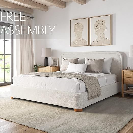Create Comfort Queen Bed Frame with Headboard - Free Assembly Boucle Color Upholstered Queen Size... | Amazon (US)