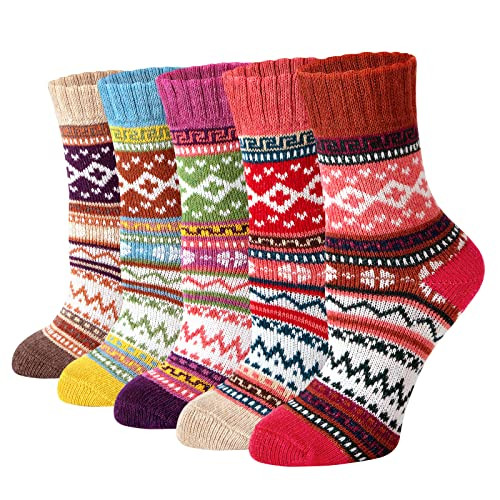 Loritta Women's 5 Pairs Vintage Style Winter Knitting Warm Wool Crew Socks,Multicolor 01,One Size | Amazon (US)