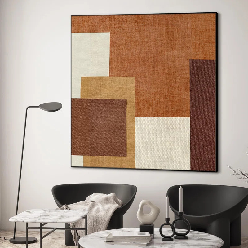 Geometric Retro Block Design in Brown and Cream Extra Large Framed Wall Art Print Decor | Wayfair North America
