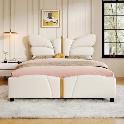 Upholstered Bed Frame With Butterfly Shaped Headboard And Footboard, Platform Bed Frame With Metal Decorations | Wayfair North America
