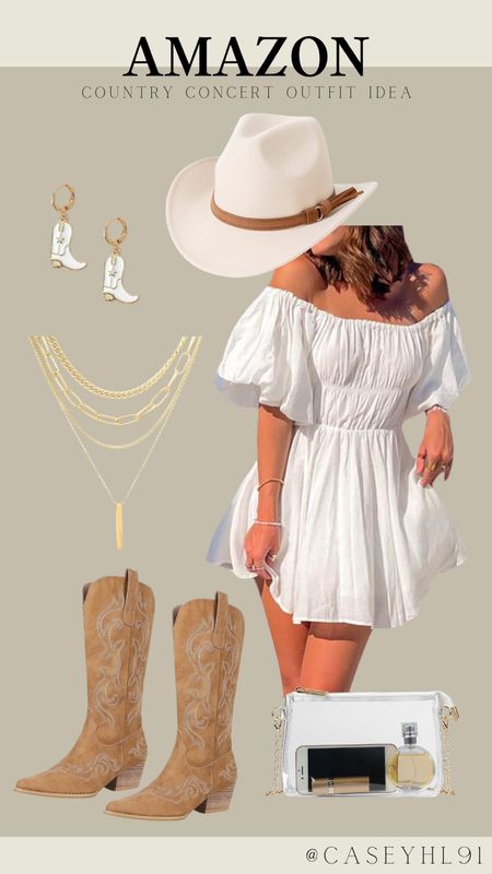 Country concert outfit idea! This dress with these boots and cowgirl hat are giving all the country vibes! Pair it with these adorable cowgirl boot earrings and gold necklace. This clear purse is perfect for any concert venue! 

#LTKParties #LTKStyleTip #LTKSeasonal