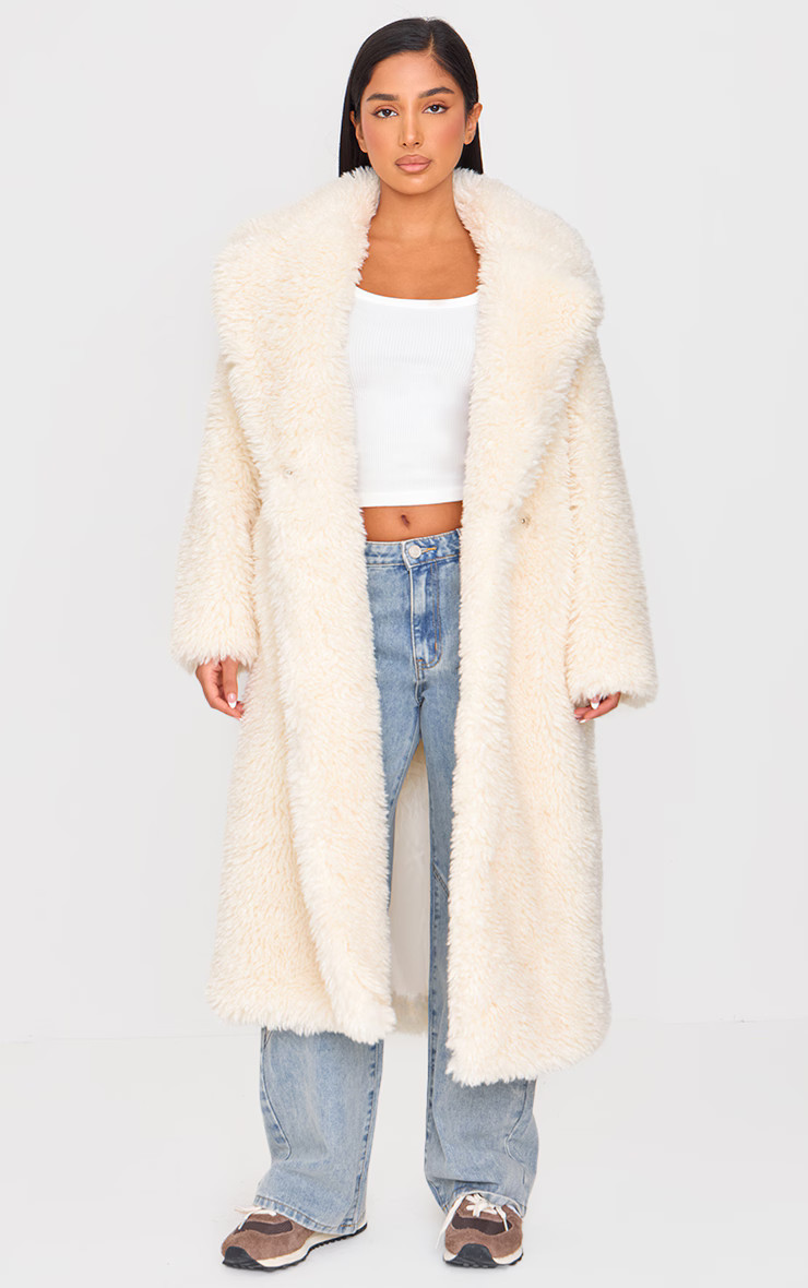 Petite Cream Shaggy Faux Fur Longline Coat | Pretty Little Thing (Australia & New Zealand)
