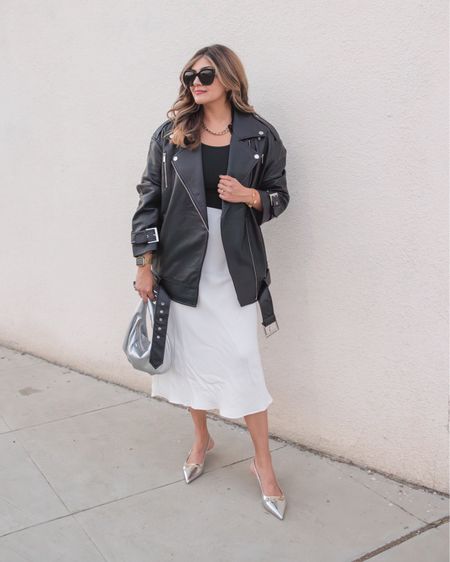 Cool mom night out outfit! This is my favorite look for going out with the girls. Satin skirt and leather jacket 

Jacket runs big - size down 

French girl summer / summer skirt / summer outfit / chic outfit / size 10 outfit / size 12 outfit / date night outfit / girls night out 

#LTKStyleTip #LTKSeasonal #LTKMidsize