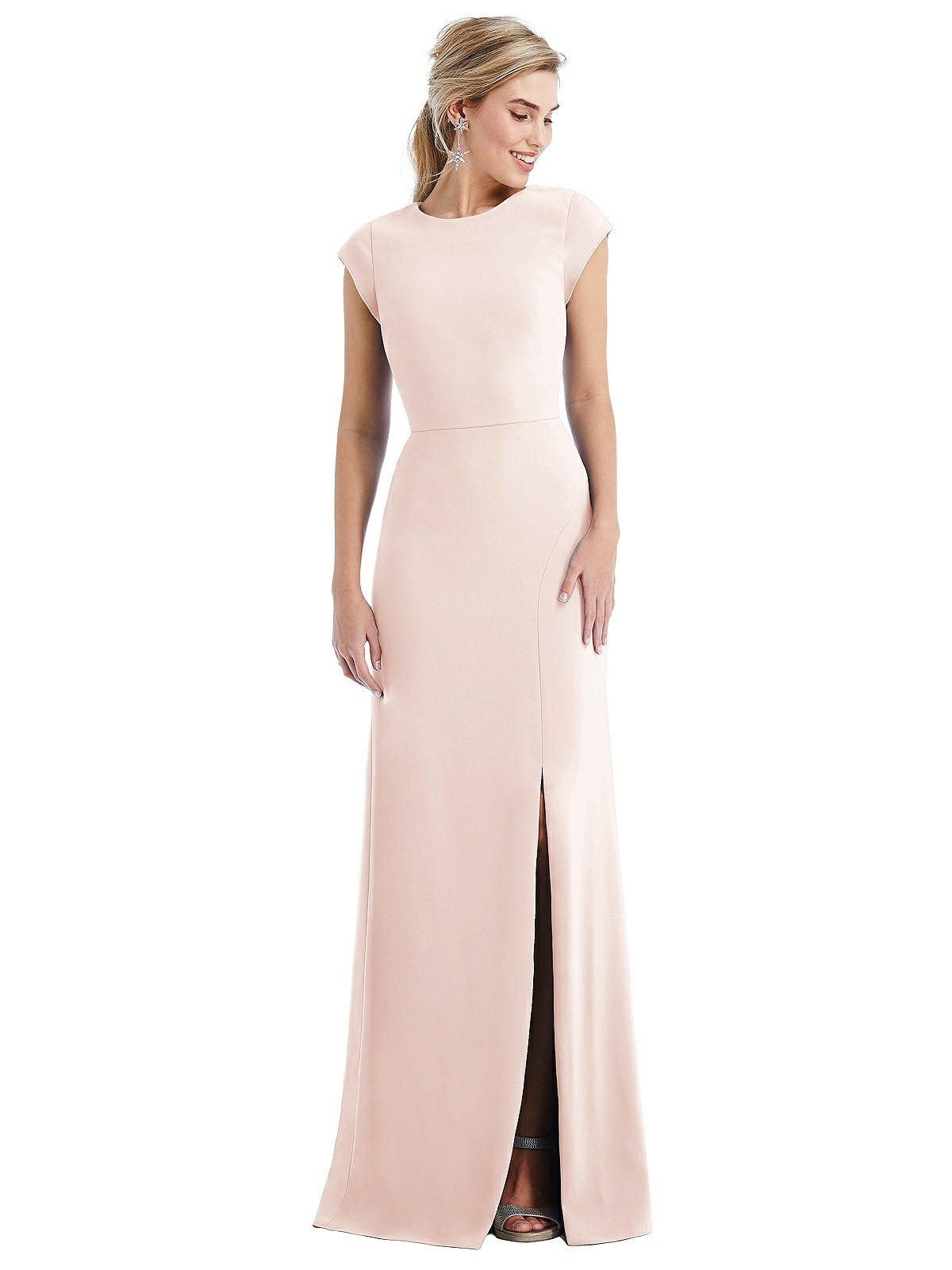 Cap Sleeve Open-Back Trumpet Gown with Front Slit in Blush | The Dessy Group