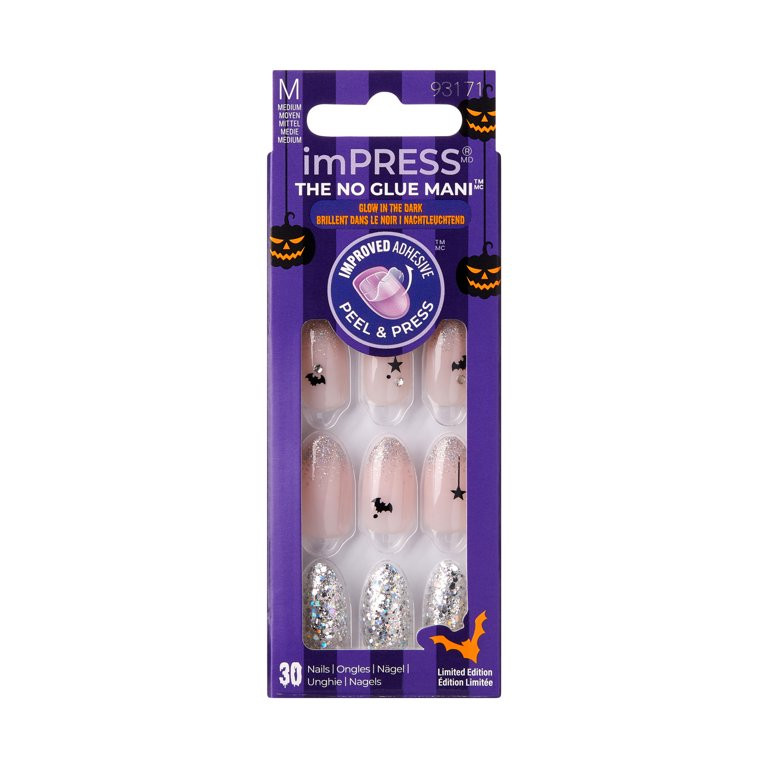 KISS imPRESS No Glue Needed Press On Nails, Design Glow in the Dark, Caution Ahead, Silver, Mediu... | Walmart (US)