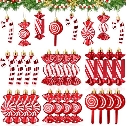 JULMELON 24Pcs Christmas Candy Ornaments, Xmas Glitter Hanging Candy Cane Decorations Christmas Tree Candy Swirl Decor for Christmas Home Party Favor Supplies (Red and White) | Amazon (US)